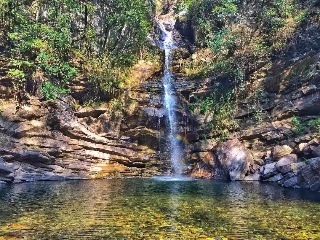 Bhalu Gaad Waterfall Mukteshwar sunny cascade over terraced rocks framed by dense trees into clear pool, perfect scenic trek destination, Uttarakhand tour packages.