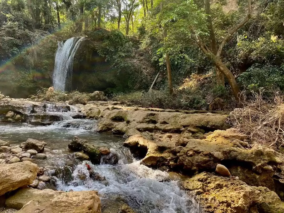 Jim Corbett Falls waterfall during golden hour, featuring lush forests, rocky cascade, sunlight reflections, perfect adventure experience Uttarakhand tour packages. 