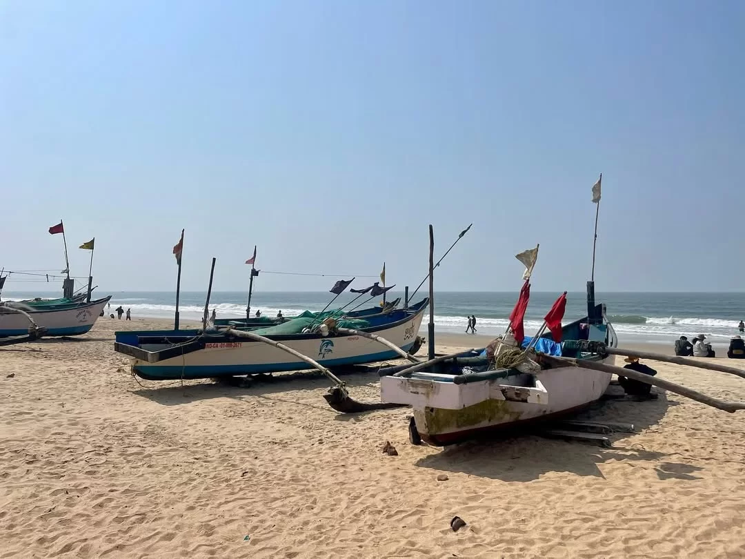 Colorful traditional fishing boats lined on Benaulim Beach Goa sunny day, featuring flags oars sandy shore distant sea, perfect South Goa tour package.