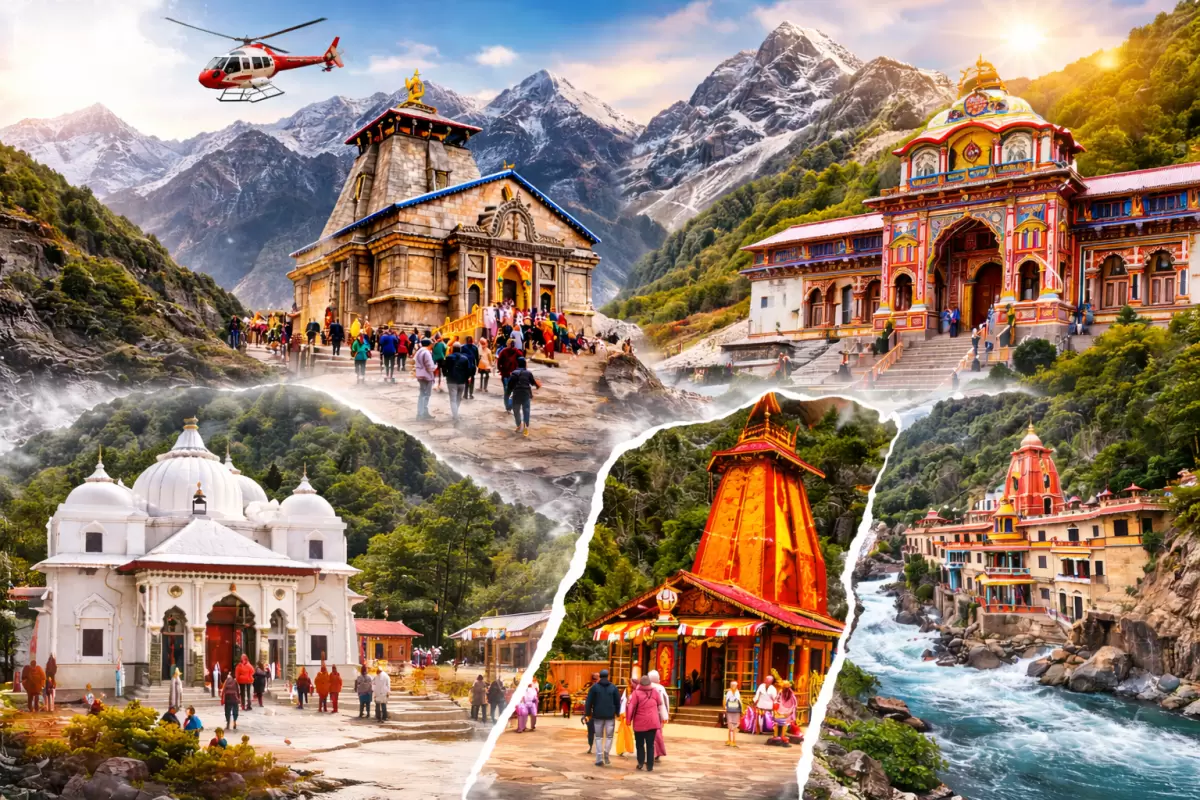 Char Dham Yatra banner: Collage of Kedarnath, Badrinath, Gangotri, Yamunotri temples in Uttarakhand Himalayas – helicopter yatra, pilgrims at shrines, snow-capped peaks, Ganga river, spiritual journey 2026
