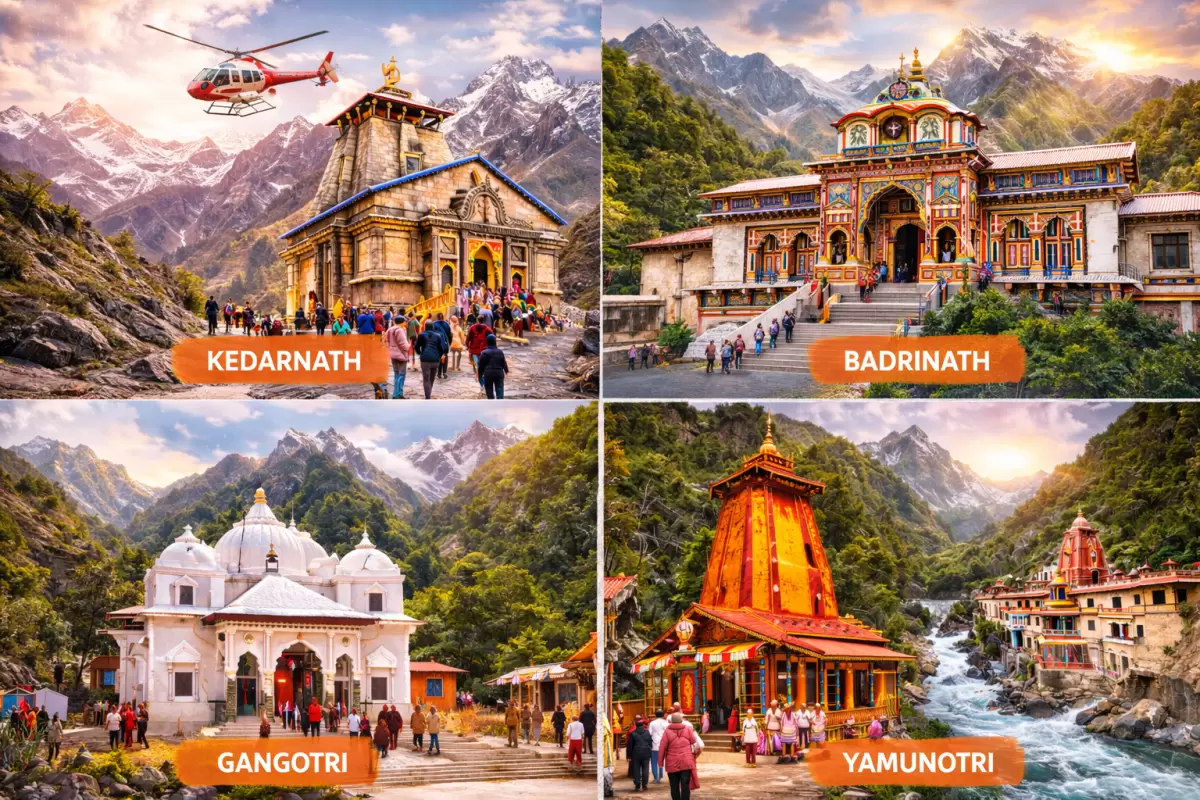 Char Dham Yatra 2026 collage: Kedarnath, Badrinath, Gangotri, Yamunotri temples in Uttarakhand – pilgrims at Kedarnath steps, Badrinath gateway, Gangotri shrine, Yamunotri by river, helicopter over Himalayas spiritual pilgrimage