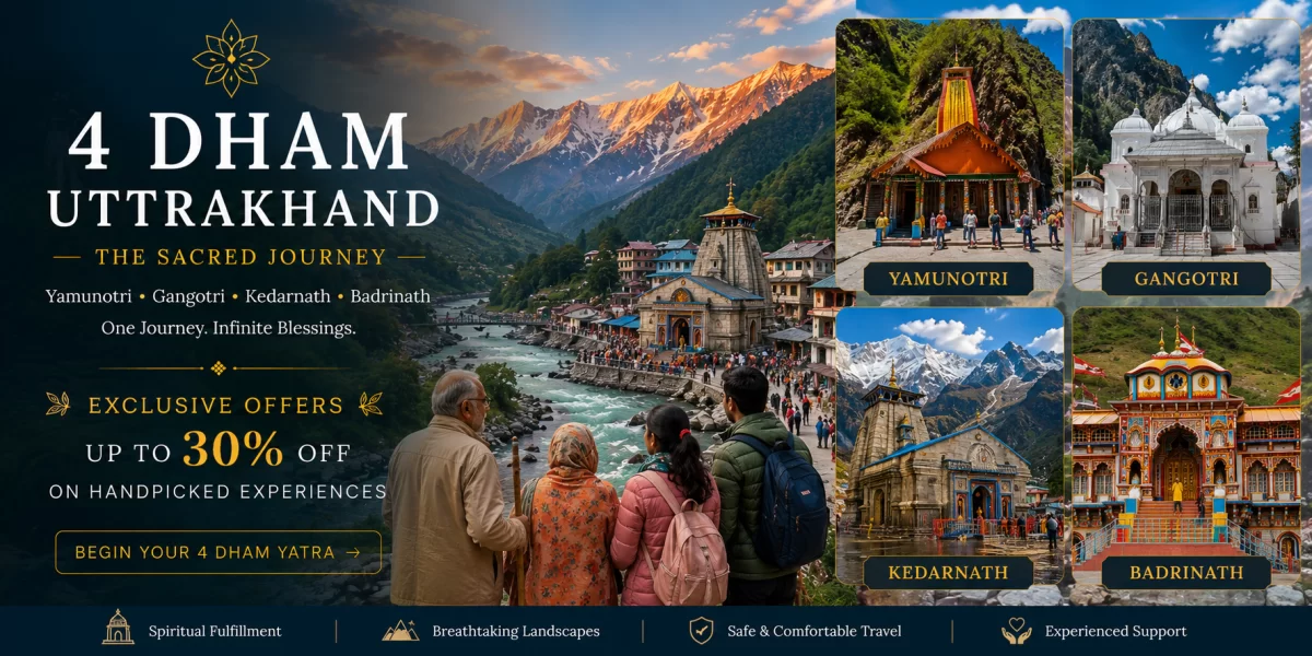 Family standing near Kedarnath Temple with Himalayan mountains, sacred river valley, and collage of Yamunotri, Gangotri, Kedarnath, and Badrinath temples during the spiritual 4 Dham Uttarakhand Yatra journey.