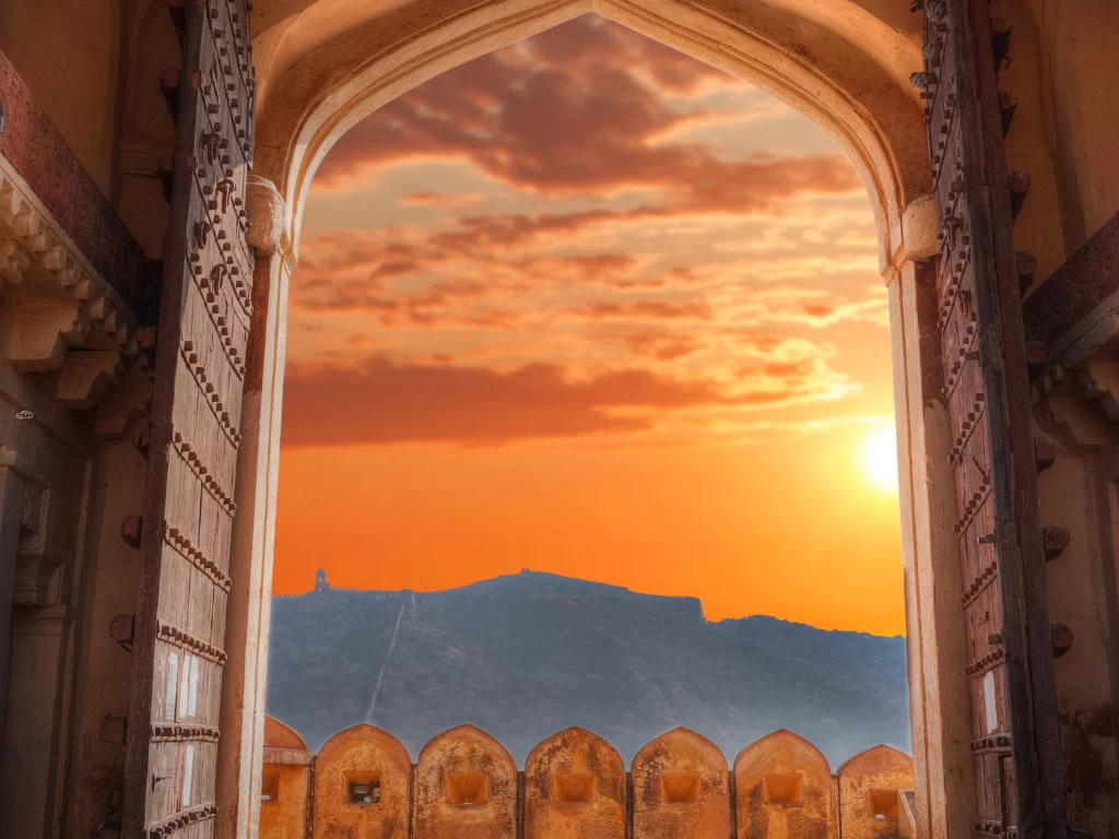 Sunset through arched gateway at Amber Fort in Jaipur Rajasthan framing orange sky, setting sun and distant hill fort silhouette with ramparts foreground, perfect Rajasthan tour package.