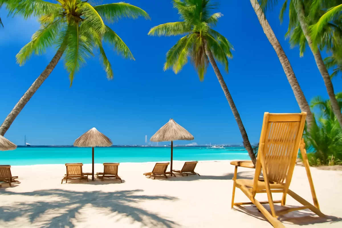 A pristine tropical beach in the Andaman Islands with turquoise waters, white sand, and swaying palm trees. Wooden lounge chairs and thatched umbrellas offer a relaxing view of the ocean under a clear blue sky. Explore paradise with our exclusive Andama p