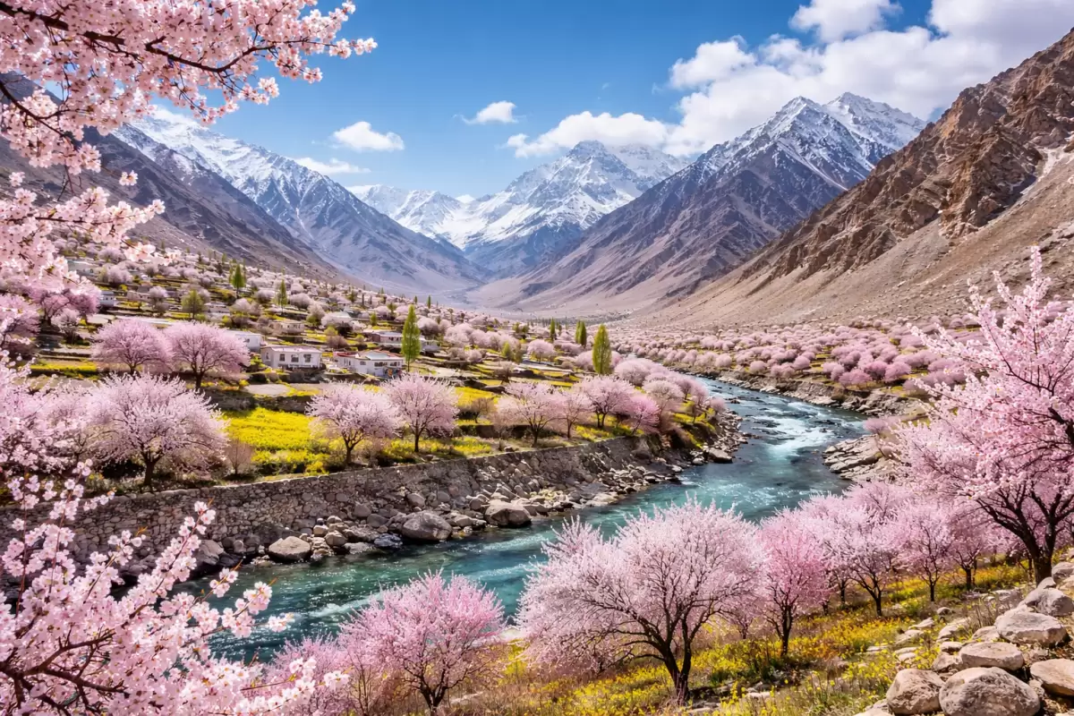 Stunning Himalayan valley in spring with turquoise river, blooming pink cherry blossom trees, and snow-capped mountains