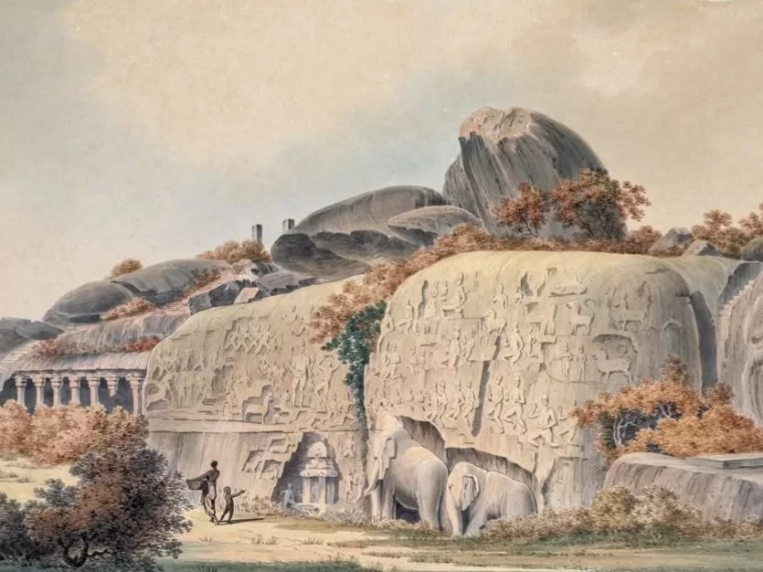 Arjuna's Penance, massive rock relief at Mahabalipuram depicting Hindu mythological carvings and ancient Pallava art