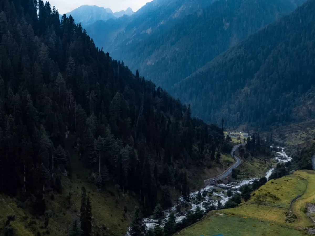 Aru Valley Pahalgam Kashmir misty aerial pine clad Himalayan valleys Lidder River meadows, winding road turquoise waters forested peaks, perfect Jammu Kashmir Kolahoi trek valley package.