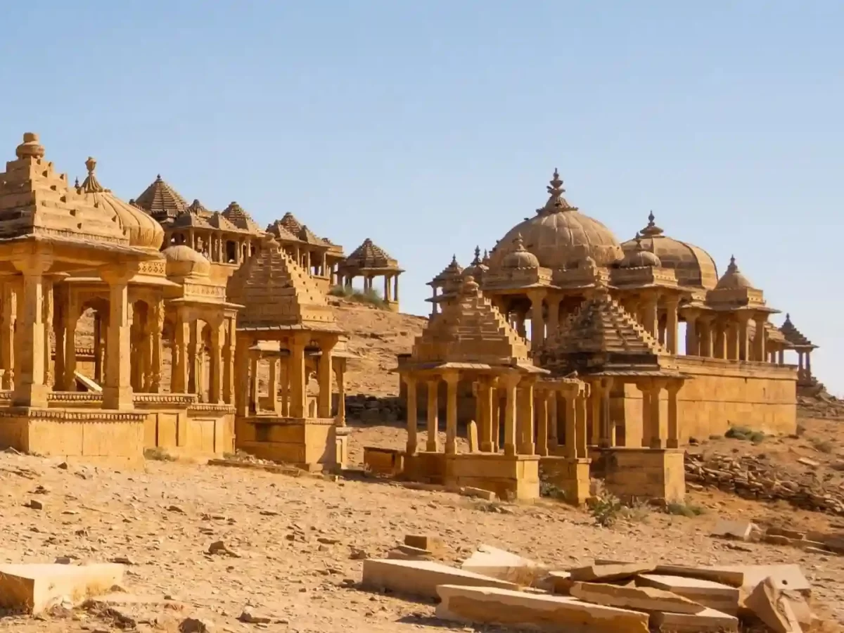 Bada Bagh golden sandstone royal cenotaphs (chhatris) on a desert hill, a historic site in Jaisalmer, Rajasthan.