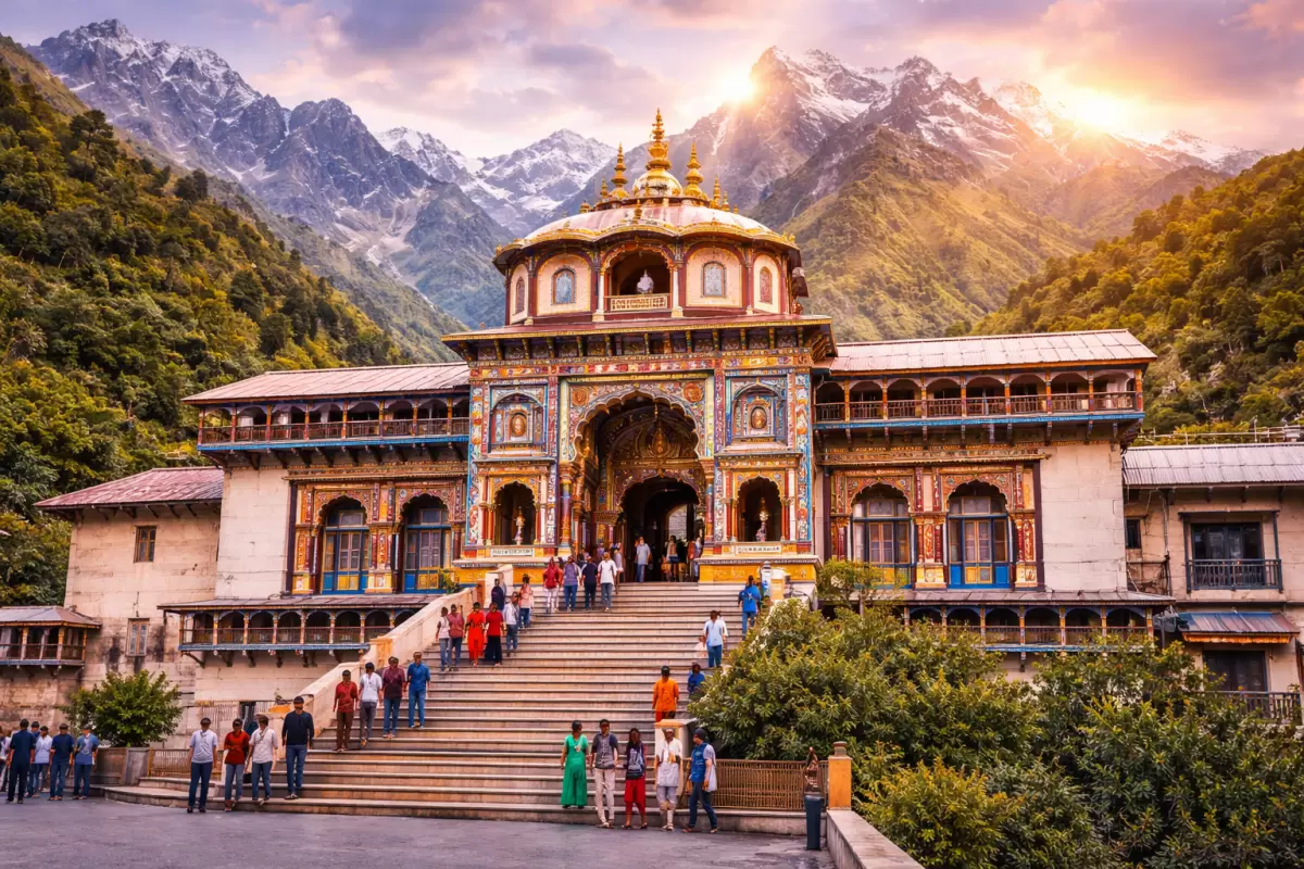 Badrinath Temple in Uttarakhand, set against the Himalayas, with devotees climbing its grand steps—a must-visit in Uttarakhand tour packages.