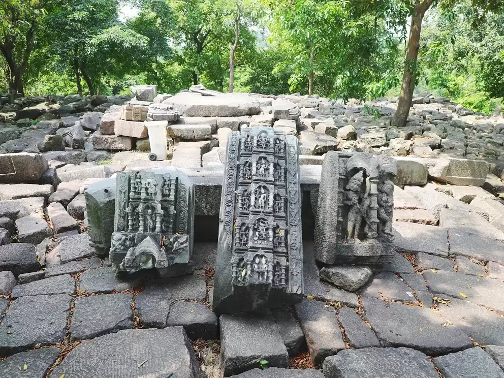 Bamuni Hills Tezpur ancient sculpted stone pillars panels figures carvings scattered ruins greenery trees sunlight Chitralekha Udyan park, perfect historical archaeological Assam tour packages.