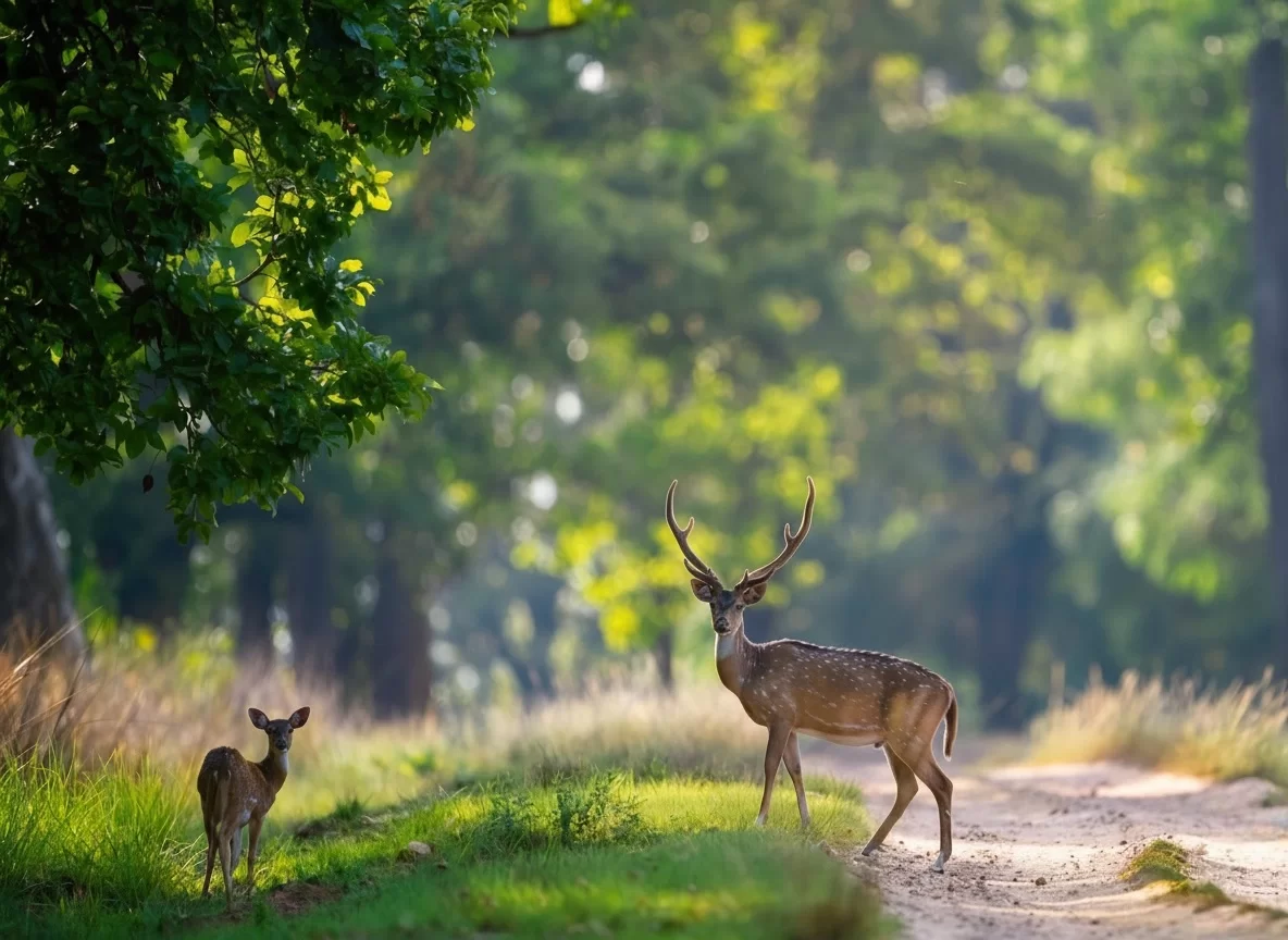 Bandhavgarh National Park chital stag with fawn on forest trail amid golden sunlight, perfect wildlife heritage experience with Madhya Pradesh tour packages.