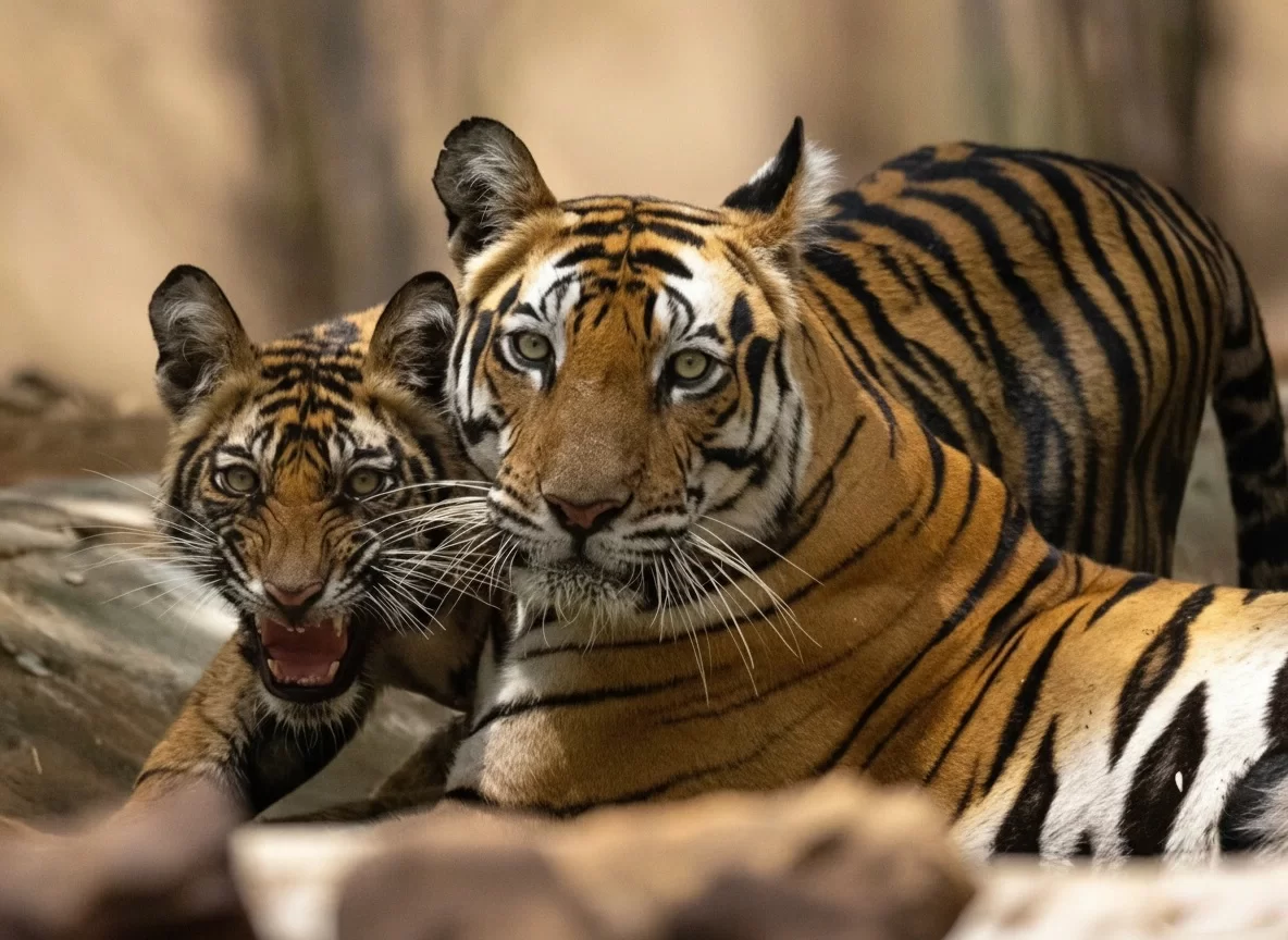 Bandhavgarh National Park tiger cubs growling playfully together amid forest rocks, perfect wildlife heritage experience with Madhya Pradesh tour packages.
