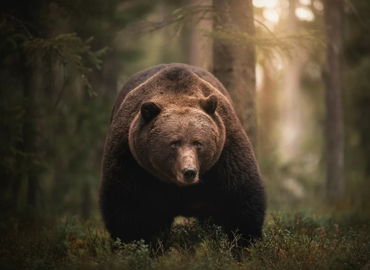 Bandhavgarh National Park sloth bear emerging powerfully through golden-lit forest undergrowth, perfect wildlife heritage experience with Madhya Pradesh tour packages.