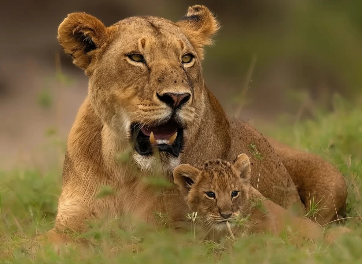 Bandhavgarh National Park tigress roaring protectively with her cub amid lush grasslands, perfect wildlife heritage experience with Madhya Pradesh tour packages.