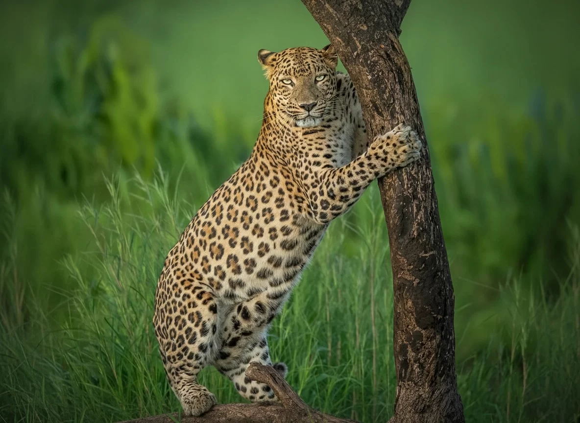 Bandhavgarh National Park leopard climbing tree trunk amid lush grasslands, perfect wildlife heritage experience with Madhya Pradesh tour packages.