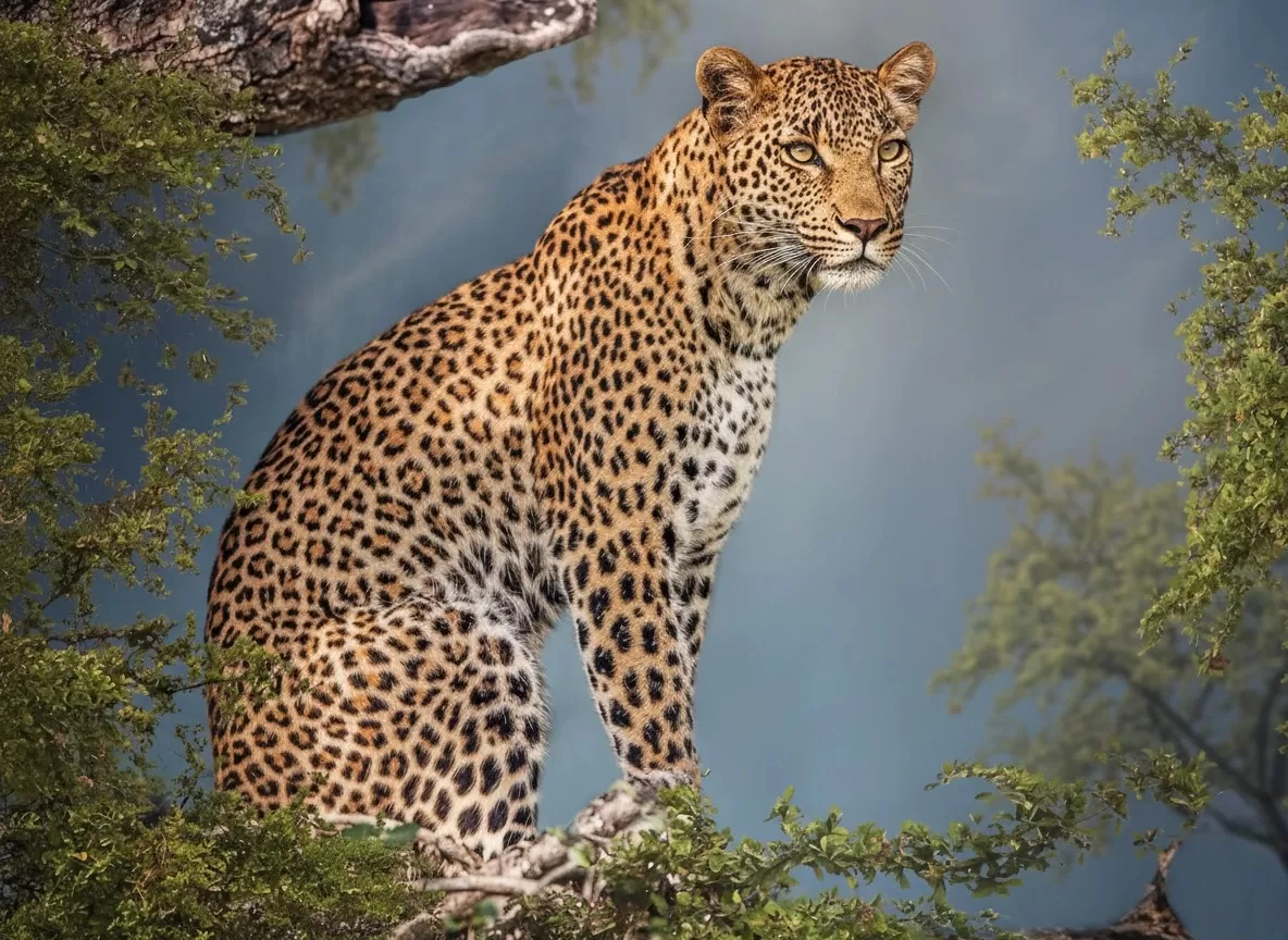 Bandhavgarh National Park leopard perched majestically on tree branch amid misty forest canopy, perfect wildlife heritage experience with Madhya Pradesh tour packages.