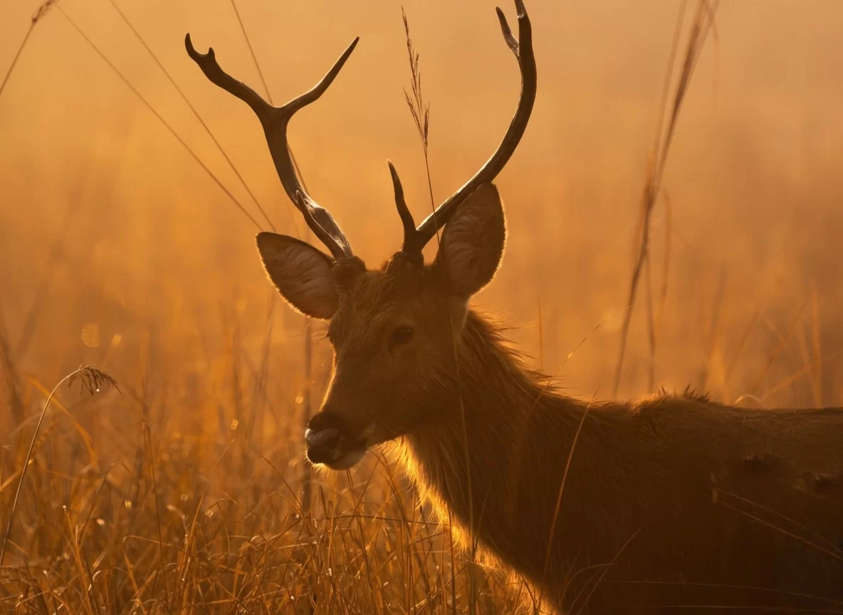 Bandhavgarh National Park chital stag at golden hour amid tall grasses, perfect wildlife heritage experience with Madhya Pradesh tour packages.