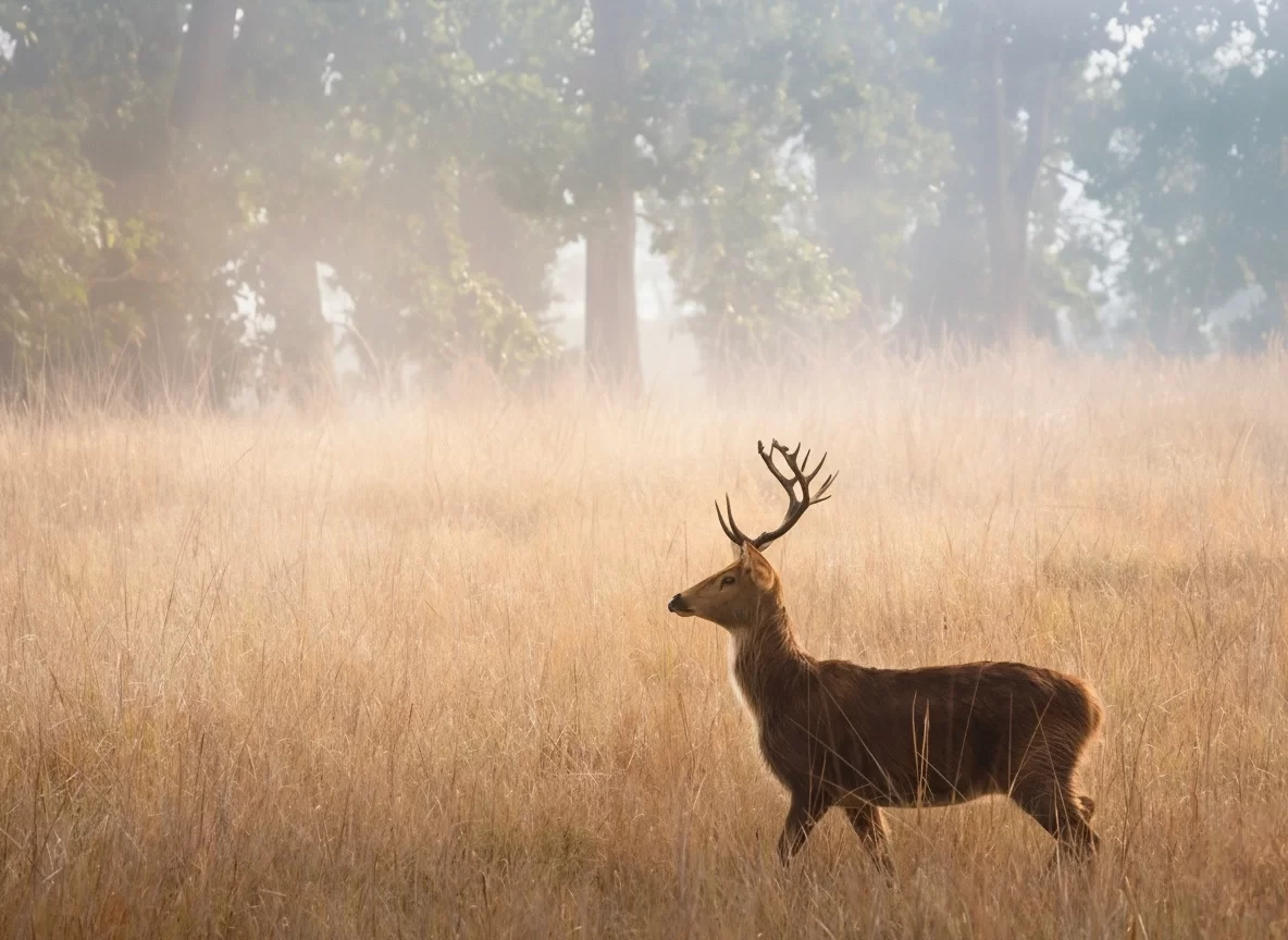 Bandhavgarh National Park sambar deer stag in misty morning grasslands under golden light, perfect wildlife heritage experience with Madhya Pradesh tour packages.