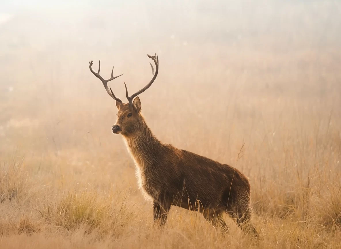 Bandhavgarh National Park majestic sambar stag with impressive antlers in misty golden sunrise grassland, prime wildlife viewing perfect for Madhya Pradesh tour packages.
