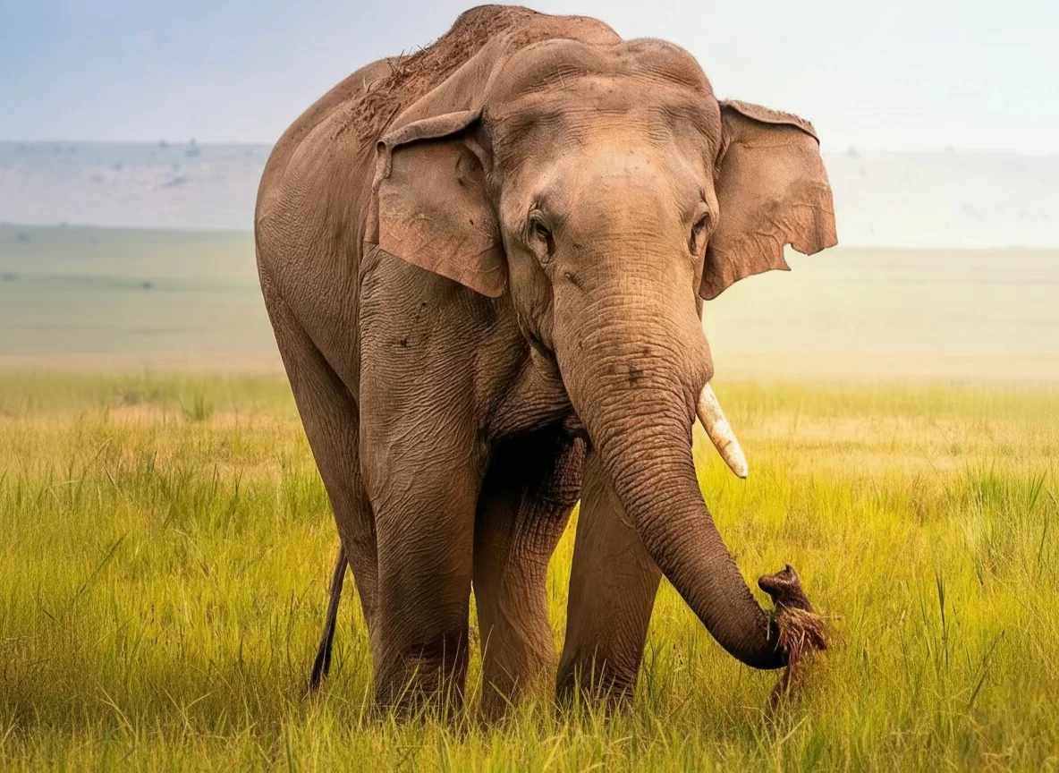 Bandhavgarh National Park tusker elephant grazing golden grasslands with misty hills backdrop, perfect wildlife heritage experience with Madhya Pradesh tiger safari tour packages.