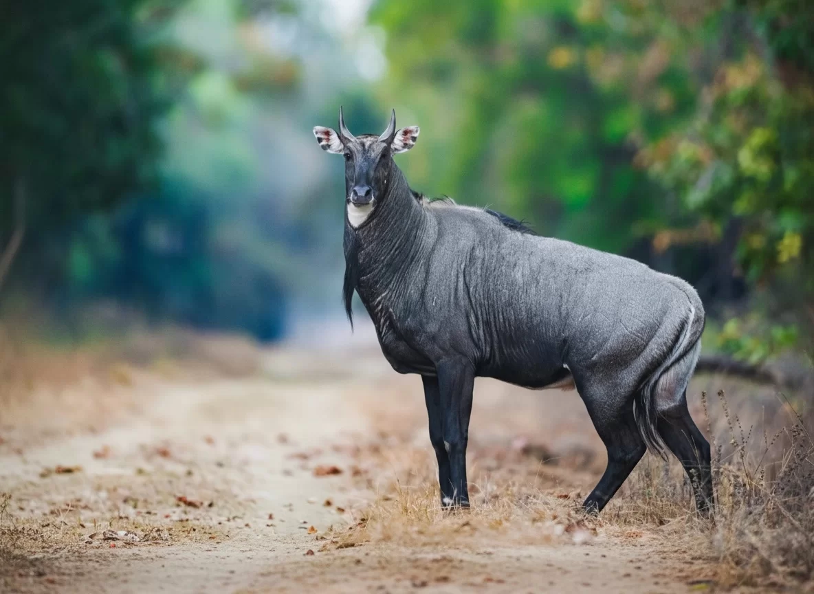 Bandhavgarh National Park nilgai (blue bull) standing alert on forest trail amid lush greenery, perfect wildlife heritage experience with Madhya Pradesh tiger safari tour packages.