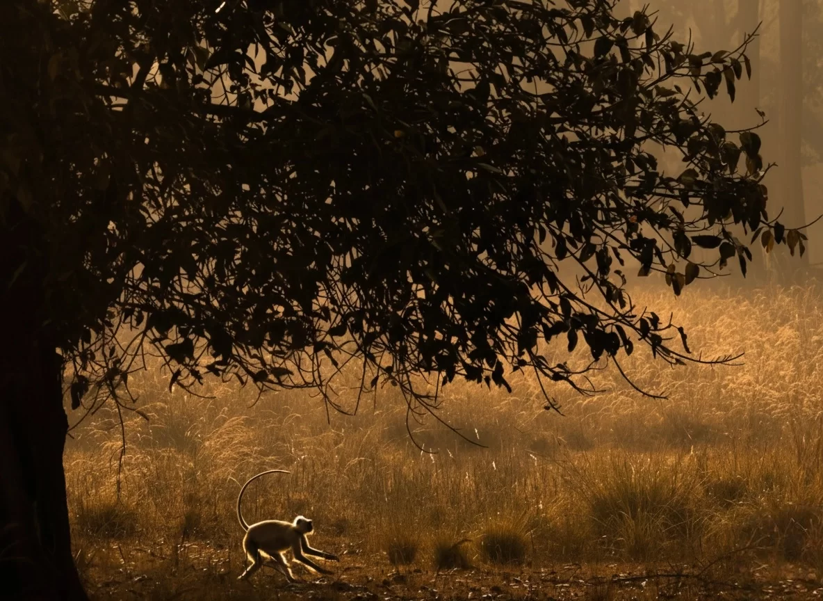 Bandhavgarh National Park gray langur silhouetted at golden hour amid tall grasslands and shadowed trees, perfect wildlife heritage experience with Madhya Pradesh tour packages.