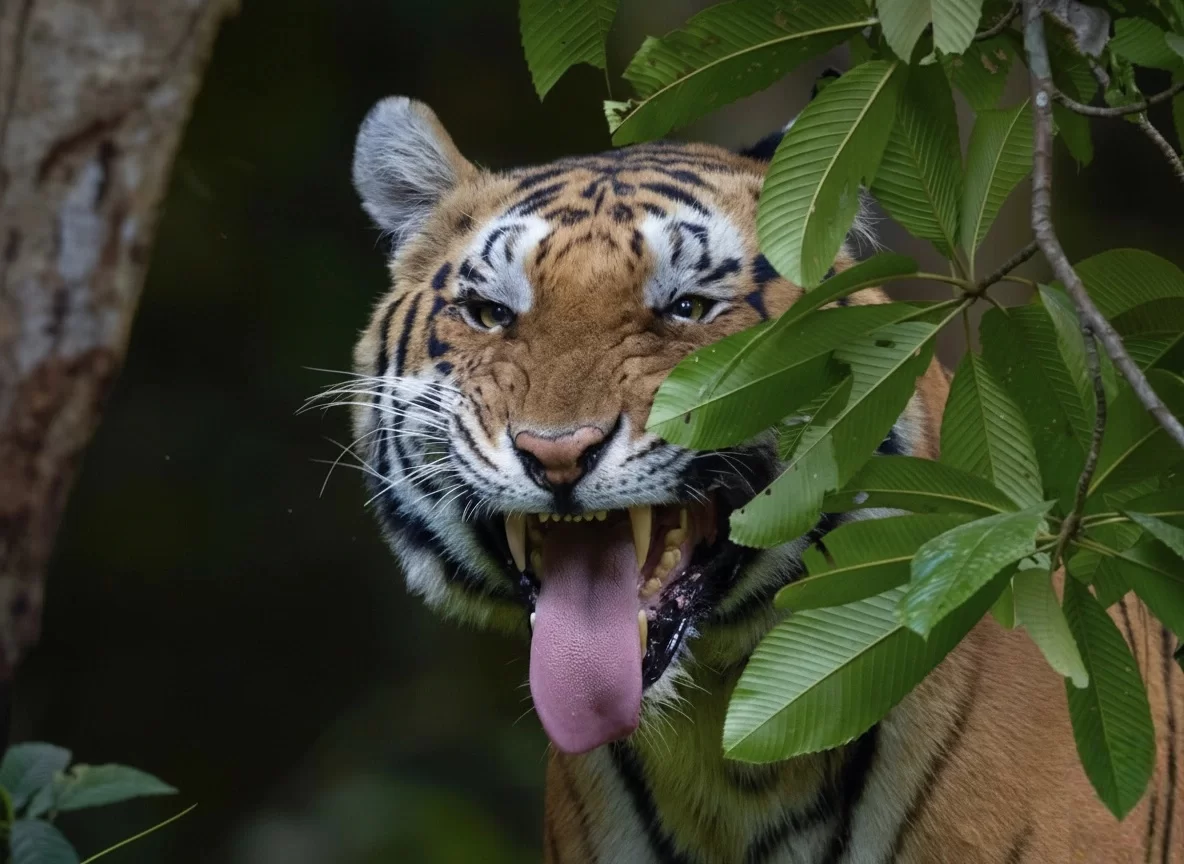 Bandhavgarh National Park tiger roaring through lush foliage under natural light, perfect wildlife heritage experience with Madhya Pradesh tiger safari tour packages.