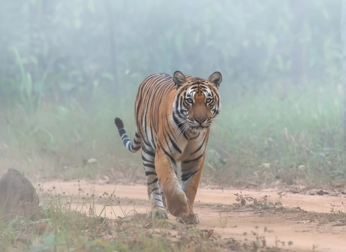 Bandhavgarh National Park tiger walking misty forest trail under dawn light, perfect wildlife safari experience with Madhya Pradesh tour packages.