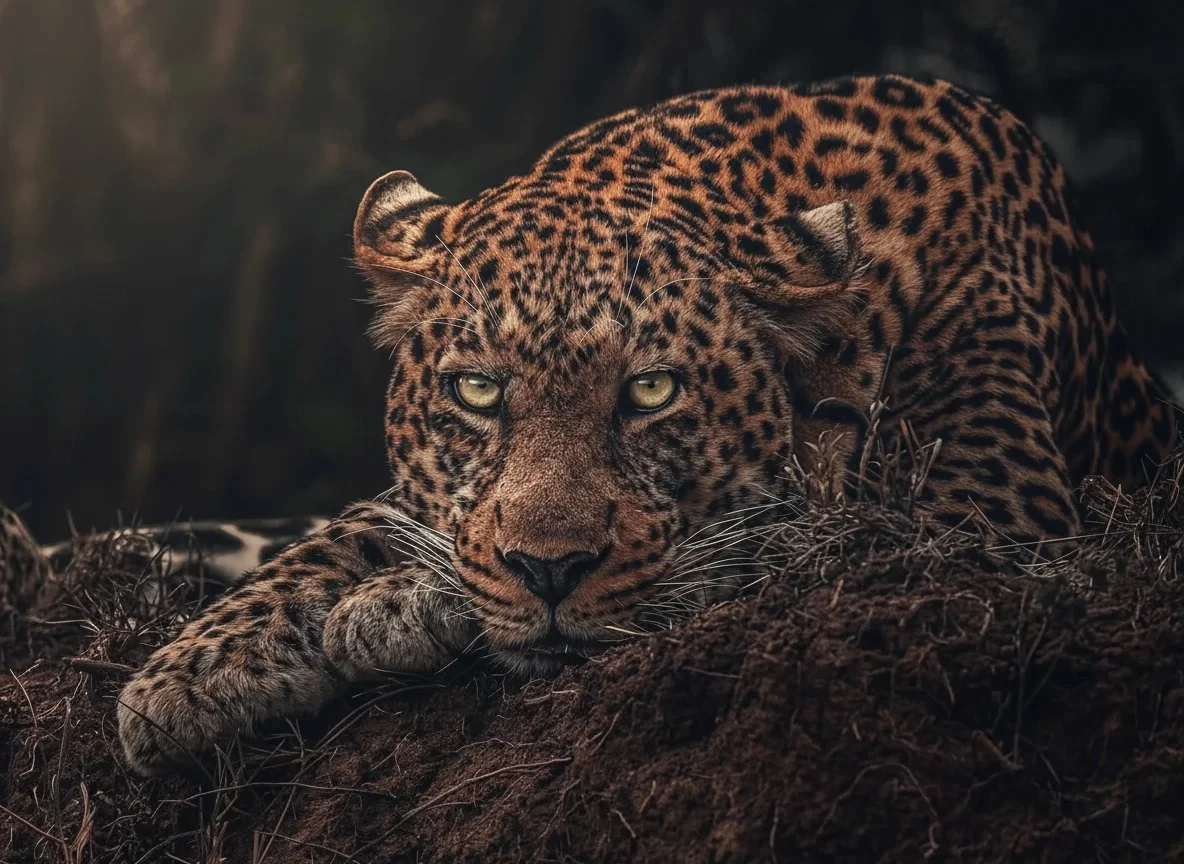 Bandhavgarh National Park leopard resting intently with piercing green eyes amid dense undergrowth, elusive wildlife encounter perfect for Madhya Pradesh tour packages.