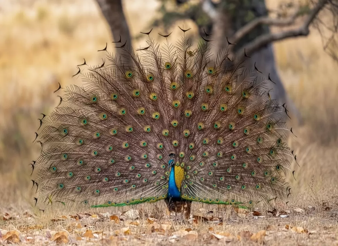 Bandhavgarh National Park Indian peacock in spectacular courtship display amid dry deciduous forest golden light, vibrant wildlife spectacle perfect for Madhya Pradesh tour packages.