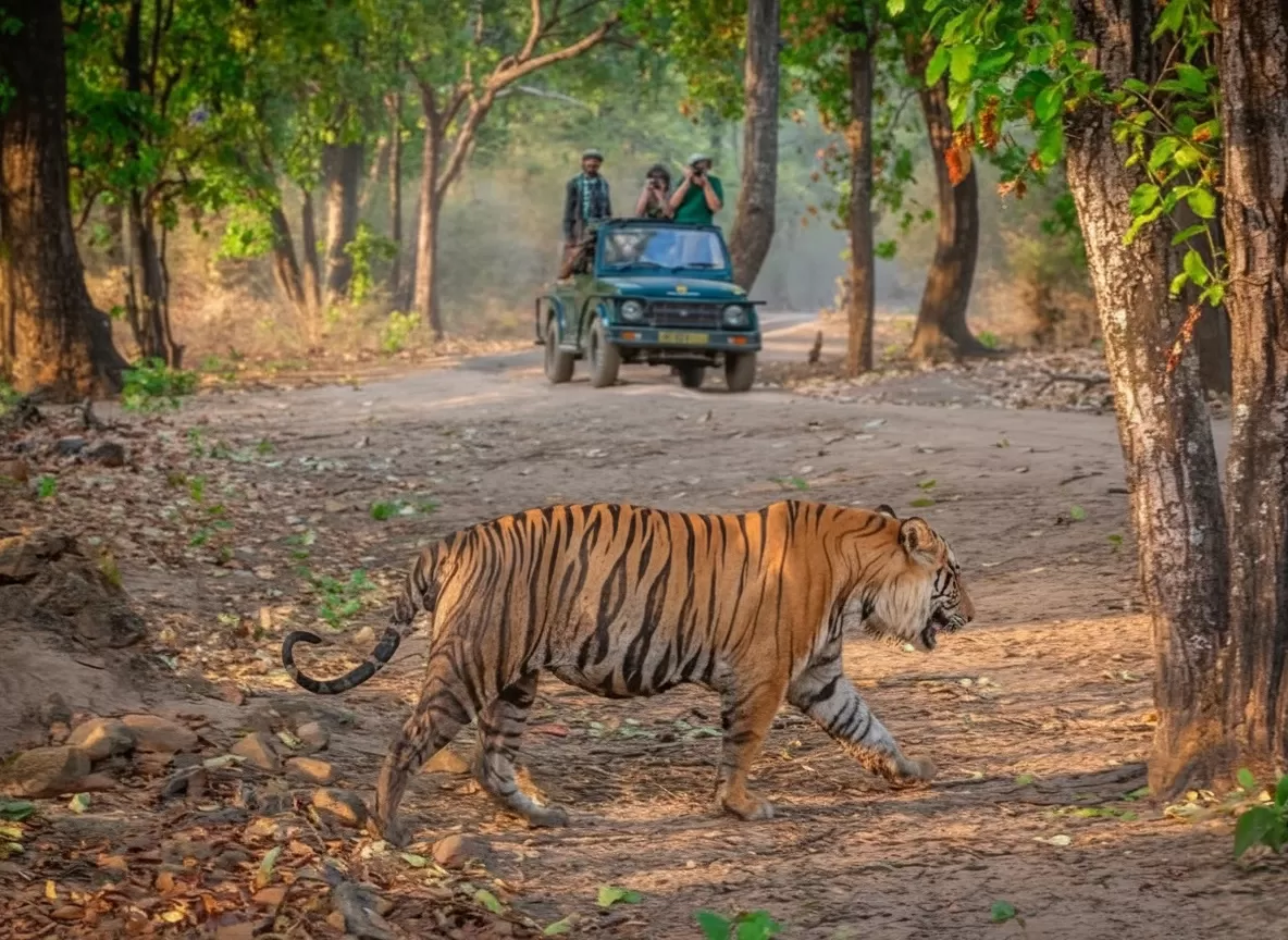 Bandhavgarh National Park majestic tiger crossing safari track with tourists in jeep amid sal forest, thrilling wildlife adventure perfect for Madhya Pradesh tour packages.