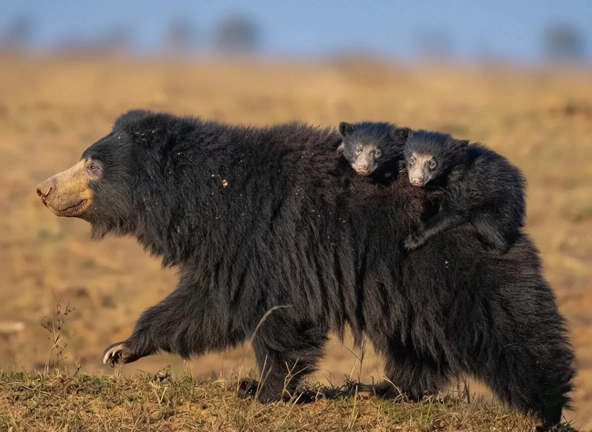 Bandhavgarh National Park sloth bear mother carrying twin cubs across open grassland, rare wildlife sighting perfect for Madhya Pradesh tour packages.