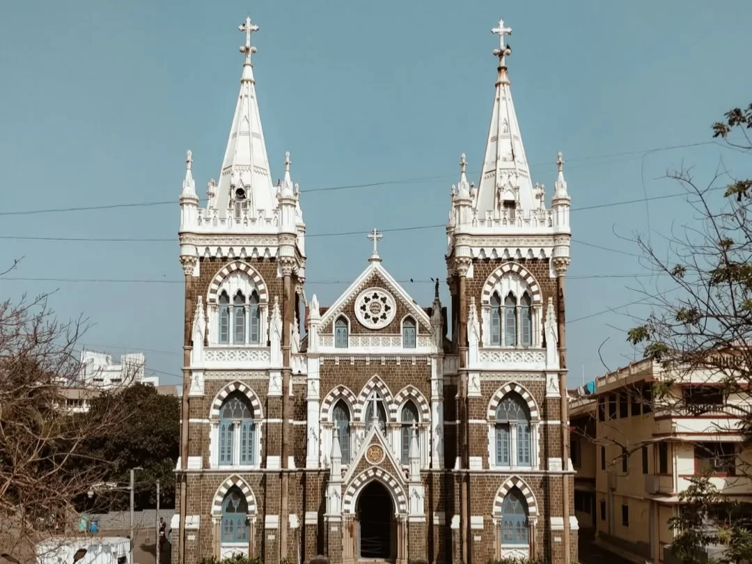 Basilica of Our Lady of the Mount. Historic Catholic church in Bandra, Mumbai with Gothic architecture and twin spires.