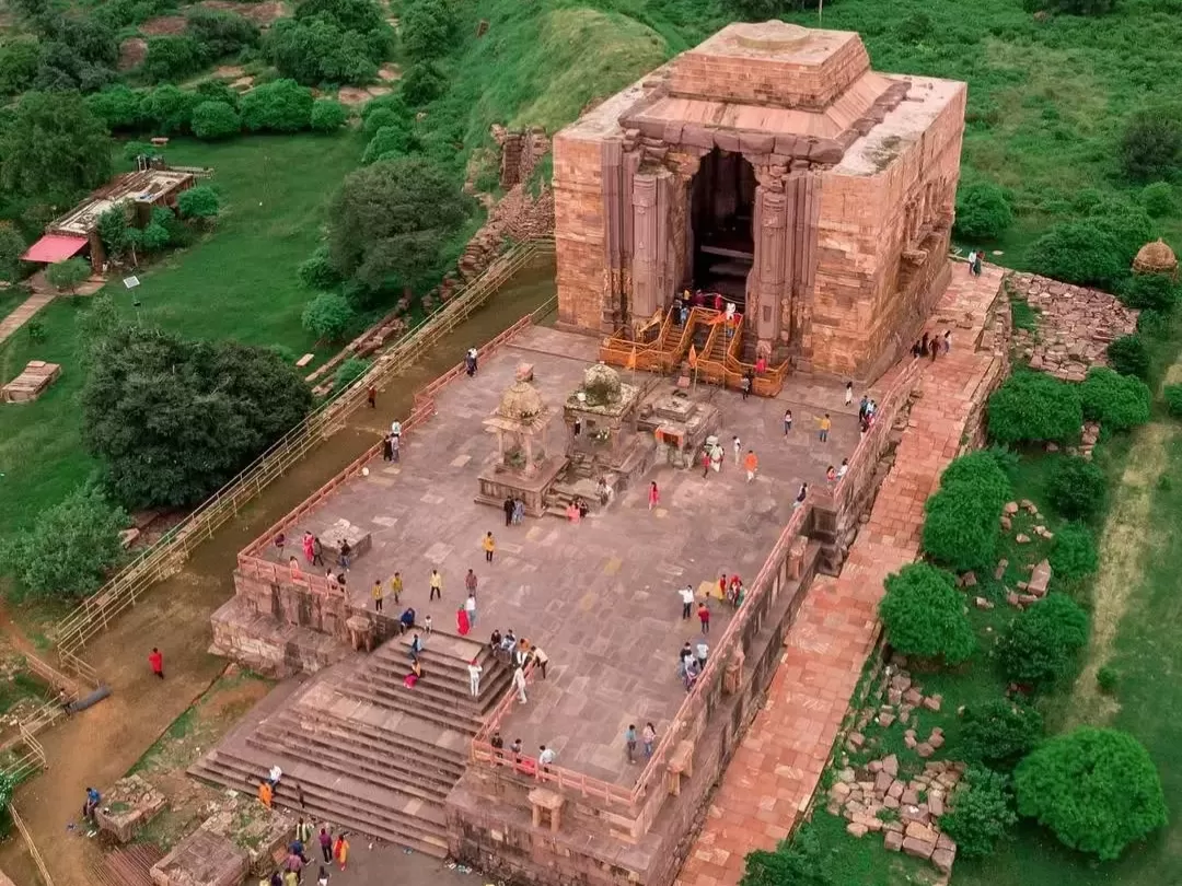 Aerial view of Bhojeshwar Mahadev Temple in Bhopal, Madhya Pradesh, showcasing its massive sandstone structure and temple courtyard, a historic landmark often highlighted in Madhya Pradesh tour packages.