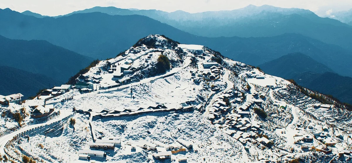 Bird Eye View Point in Zuluk featuring snow-covered mountain peak, winding Himalayan roads, and panoramic mountain ranges, perfect scenic experience with Sikkim tour package.