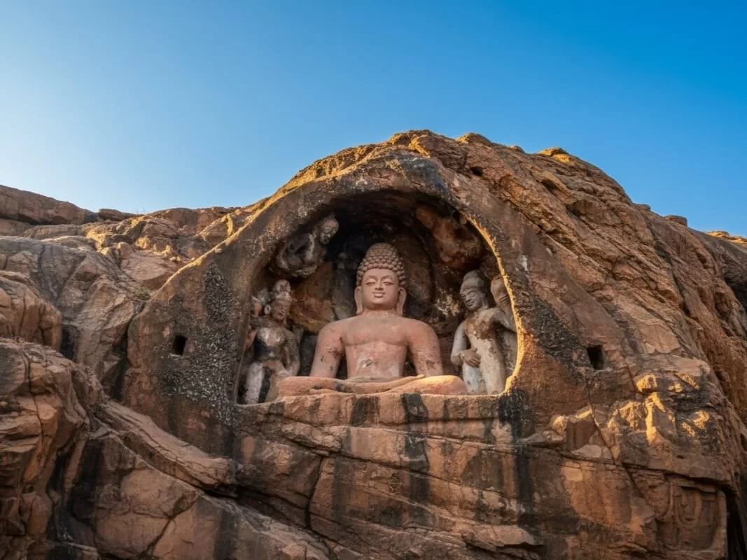 Bojjannakonda Visakhapatnam. Ancient Buddhist rock-cut caves and stupas with carved Buddha statues in Andhra Pradesh.