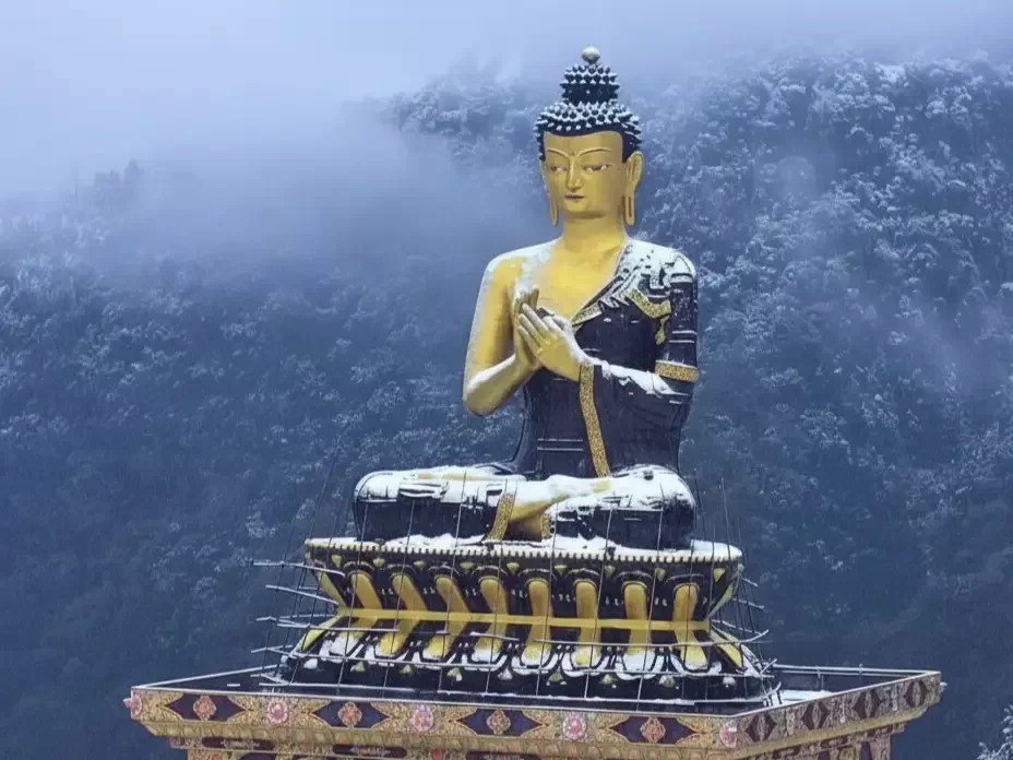 Buddha statue National Park Darjeeling during misty winter West Bengal, featuring gilded meditating Buddha mist-covered pine hills snowy peaks backdrop, perfect West Bengal tour packages.