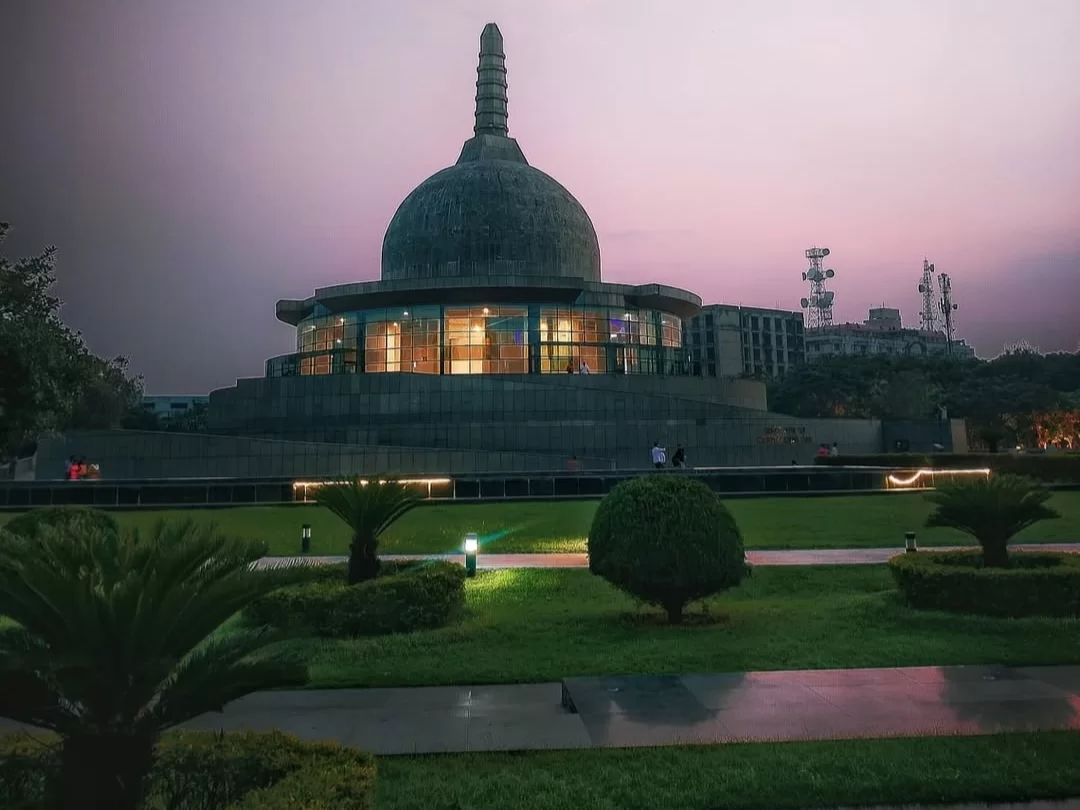 Buddha Smriti Park Patna illuminated stupa and meditation center at sunset Bihar tourist attraction