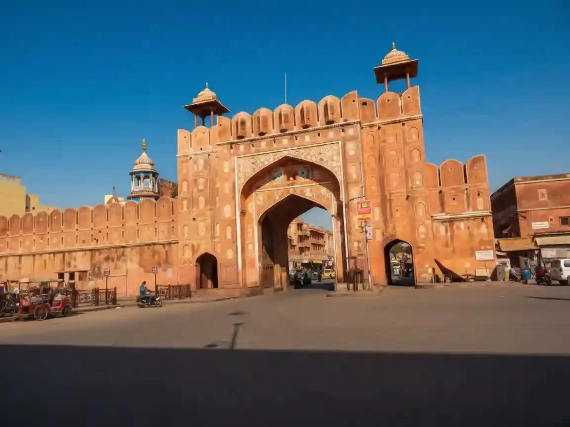 Chandpole Gate historic sandstone gateway and arched entrance to the old walled city of Jaipur, Rajasthan.