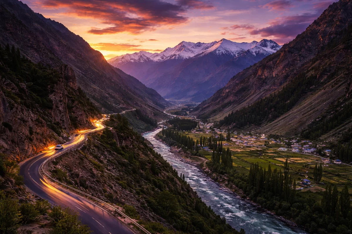 A winding mountain road with glowing car lights at dusk on a Srinagar Leh tour package, overlooking a lush river valley and a small Himalayan village with majestic snow-covered peaks under a purple and orange sunset sky.