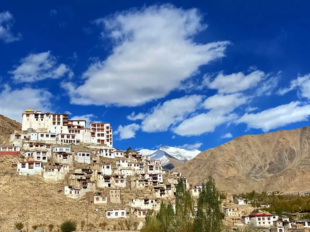 Chemrey Monastery, ancient Buddhist gompa in Ladakh near Leh with Himalayan mountain backdrop.