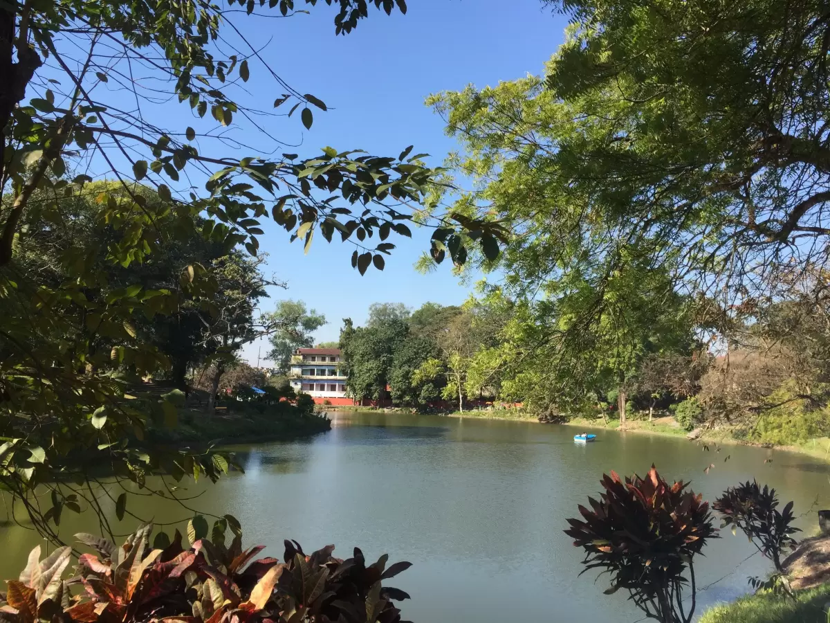 Chitralekha Udyan Tezpur during sunny day, featuring serene lake rowboat red white building trees palms overhanging branches blue sky, perfect park relaxation Tezpur Assam tour package.