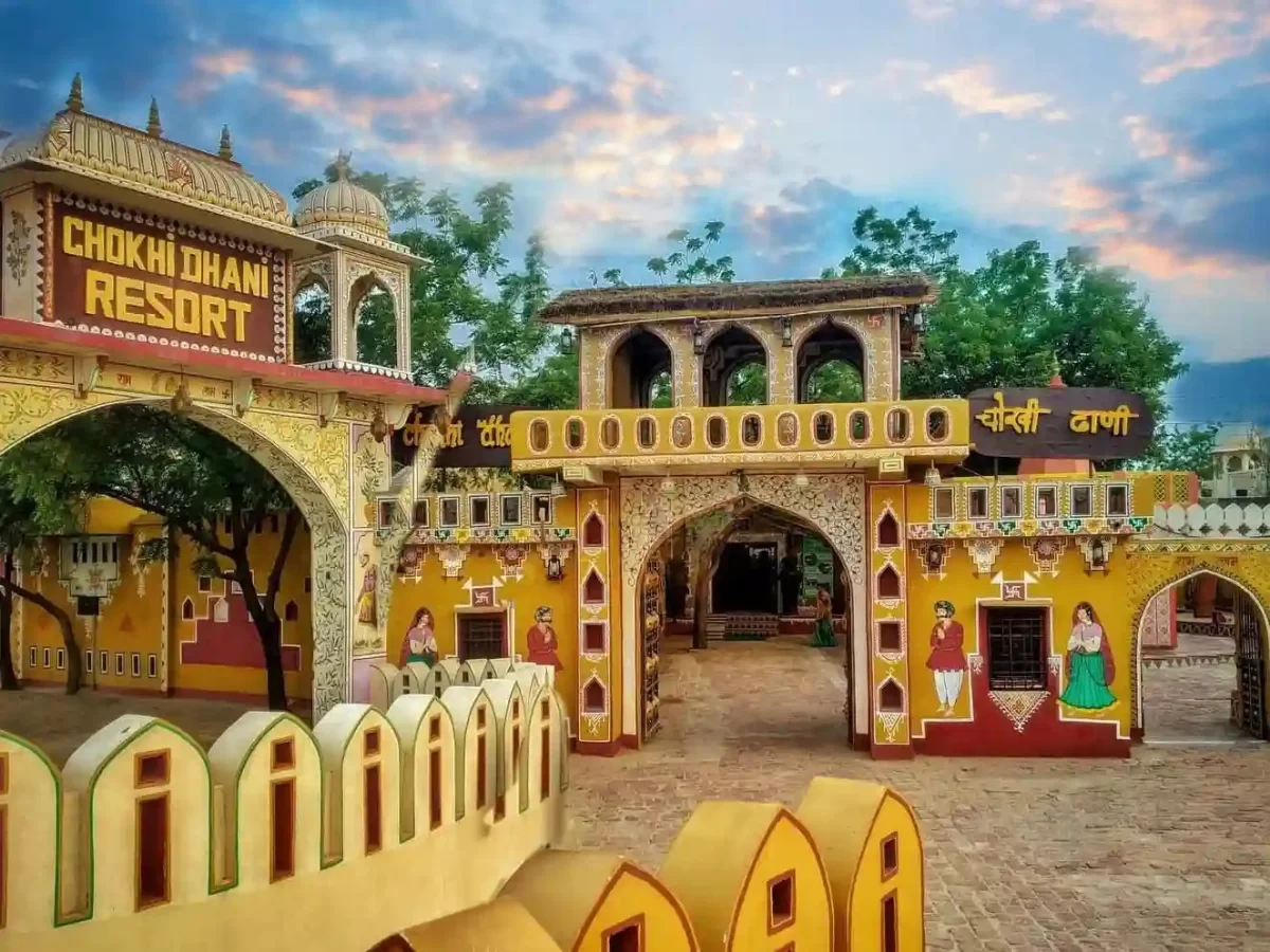 Chokhi Dhani traditional Rajasthani village themed resort entrance with cultural decor and stone architecture in Jaipur.