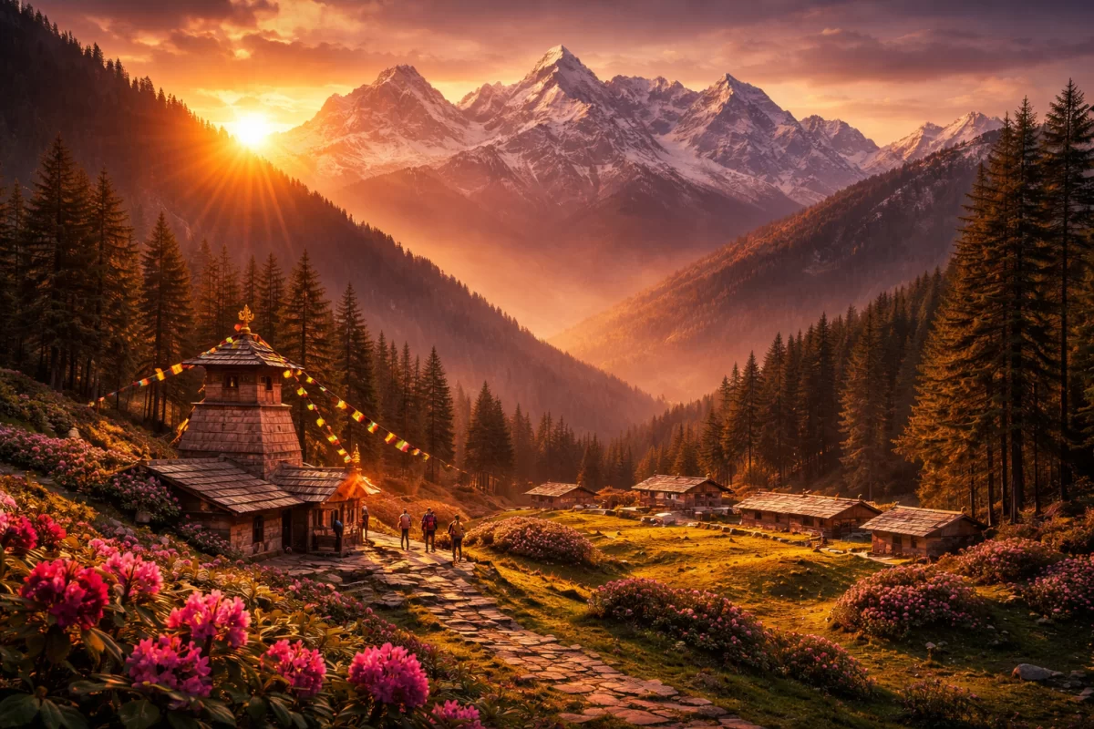 Sunrise over Chopta’s lush meadows in Uttarakhand, framed by snow-capped Himalayan peaks and quaint wooden huts—an idyllic retreat in Uttarakhand tour packages.