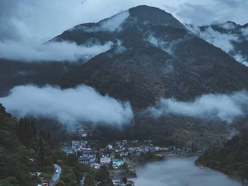 Chungthang Sikkim scenic Himalayan town at Teesta River confluence with misty mountain views