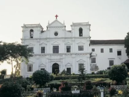 Church of Nossa Senhora das Neves Goa historic white Portuguese church with garden courtyard and colonial architecture
