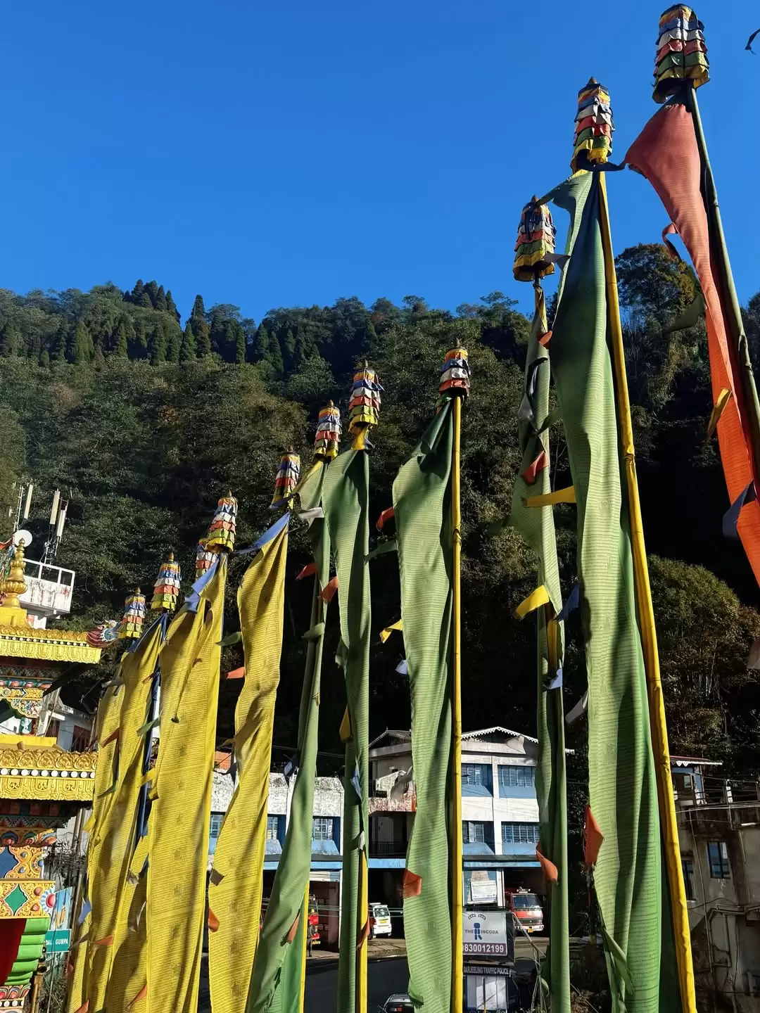 Colorful Buddhist prayer flags fluttering against a clear blue sky in Darjeeling, a cultural highlight beautifully explored with West Bengal tour packages.