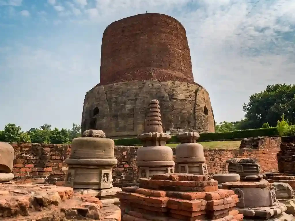 Dhamek Stupa Sarnath, ancient Buddhist monument built of stone and brick marking Buddha’s first sermon site in Uttar Pradesh.
