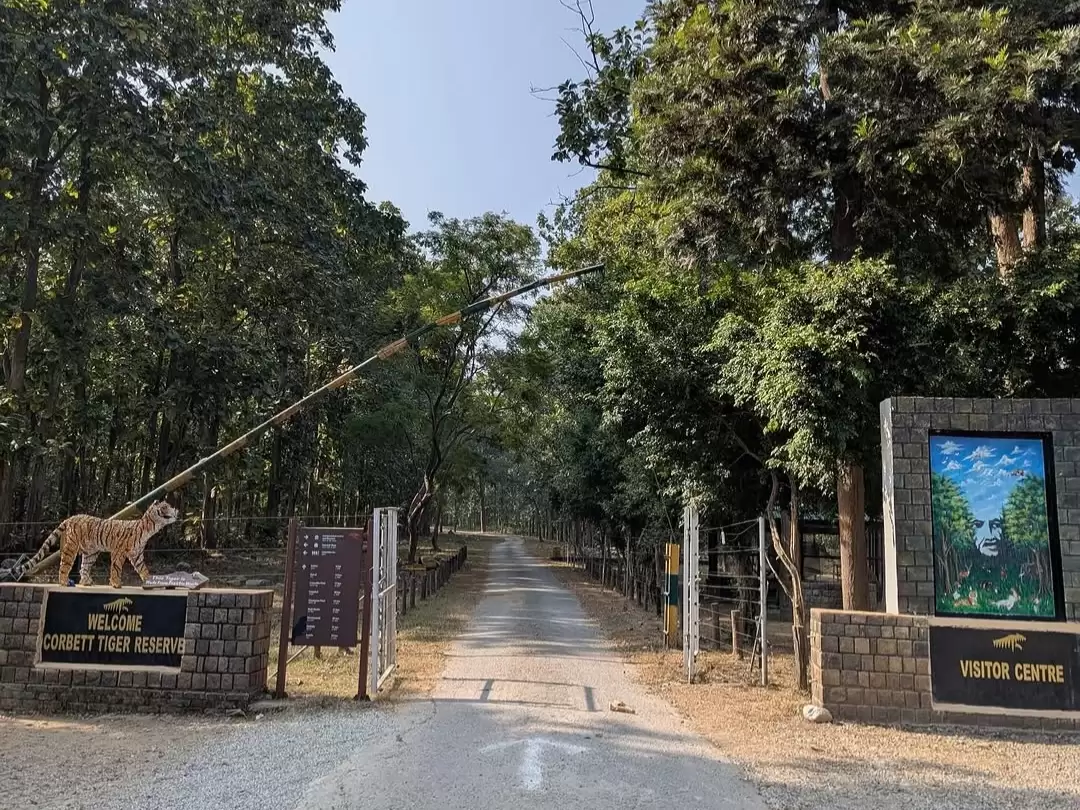 Dhikala Zone Jim Corbett National Park safari entry gate with forest road and tiger reserve signage Uttarakhand