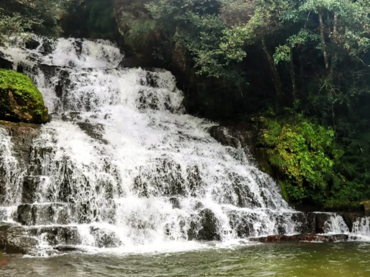 Elephant Falls Shillong Meghalaya multi tier cascading waterfall lush green surroundings rocky base pool white water flow fern covered rocks misty spray, perfect Meghalaya tour packages.